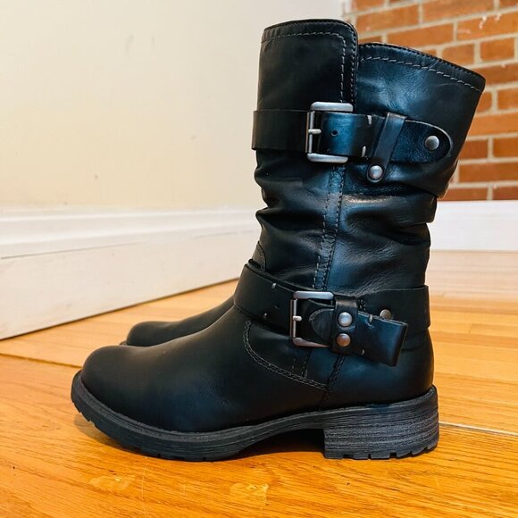 EARTH Women's Everwood Boots 7B Black Leather Mid-Calf Side Zipper Biker Moto - Picture 3 of 16